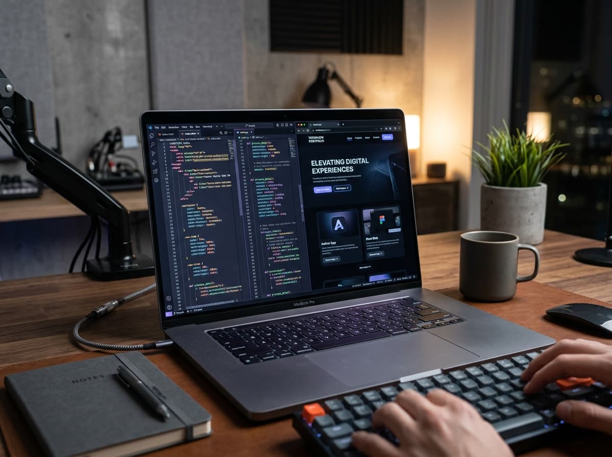 Laptop screen displaying modern website development code